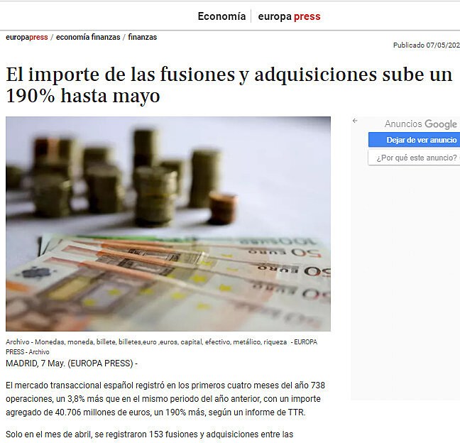 El importe de las fusiones y adquisiciones sube un 190% hasta mayo